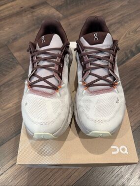 On Cloudtilt Women’s Neutral White and Brown Athletic Shoes with Orange Accent